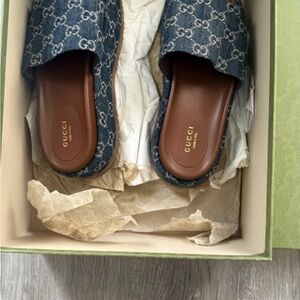 Gucci Women's Denim Blue Monogram Mules